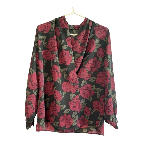 Vintage 70s 80s Rose Print Blouse Draped Neckline Romantic Goth Floral XL - Picture 1 of 6